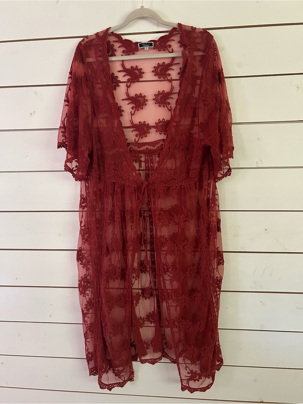 Vivid Women’s 1X Lace Sheer Kimono Cardigan Boho  Cover Up Tie Front
